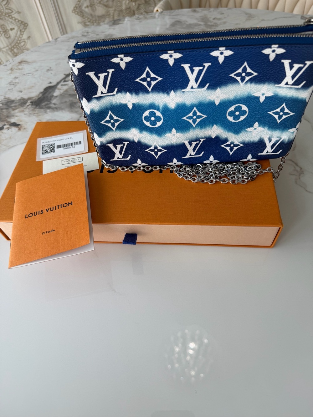 Louis Vuitton Blue and White Monogram LV Escale, double zip pouch, “Authentic”.